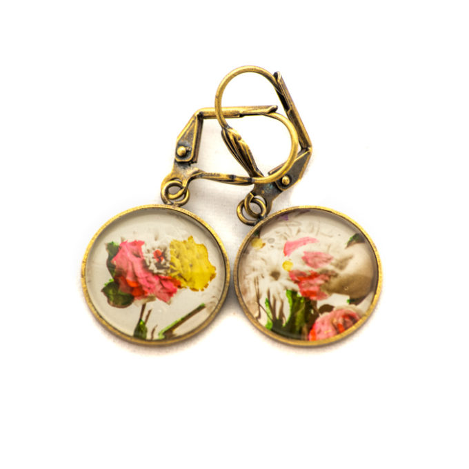 Boucles d'oreilles dorée carte postale Fleurs Main Rose Jaune