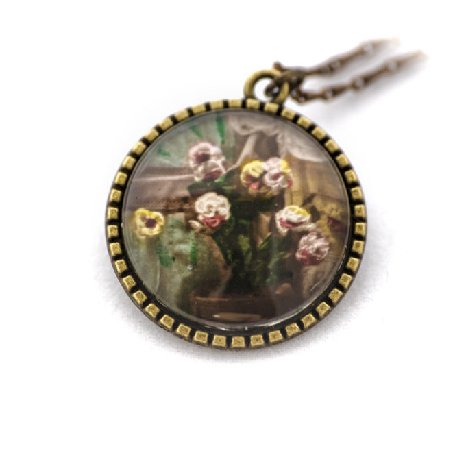 Sautoir vintage carte postale Fleurs Jaune et Rose