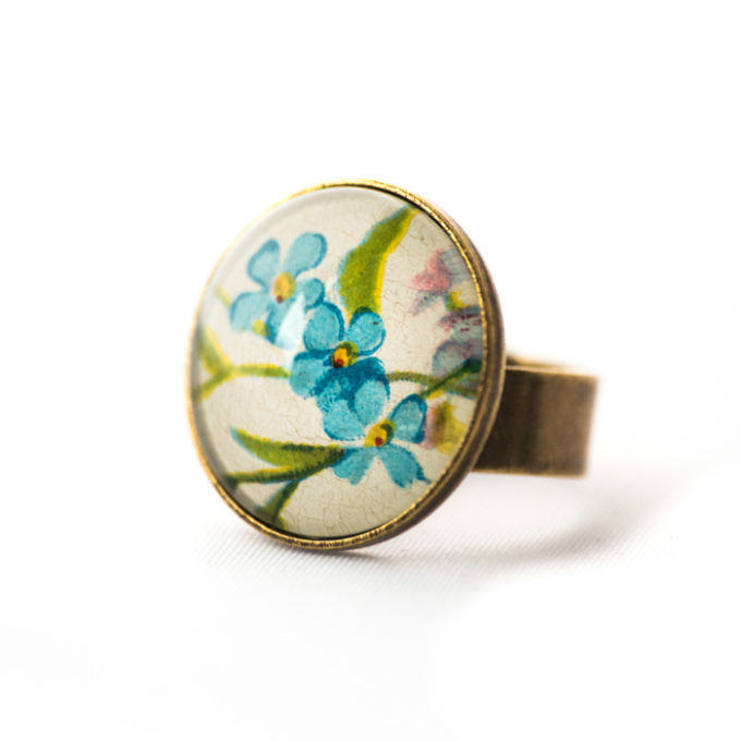 Bague carte postale Branche Fleurs Bleues