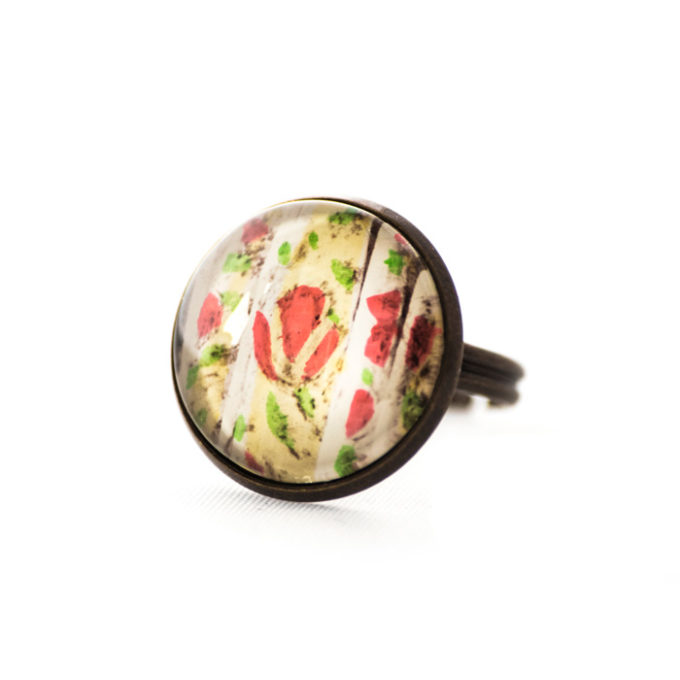 Bague carte postale vintage Tissu Fleurs Jaunes et Roses