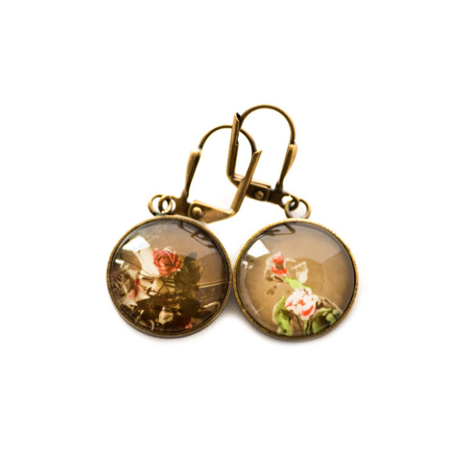 Boucles d'oreilles dorées carte postale Fleurs Sépia