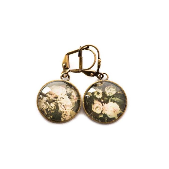Boucles d'oreilles dorées carte postale Fleurs Vintage