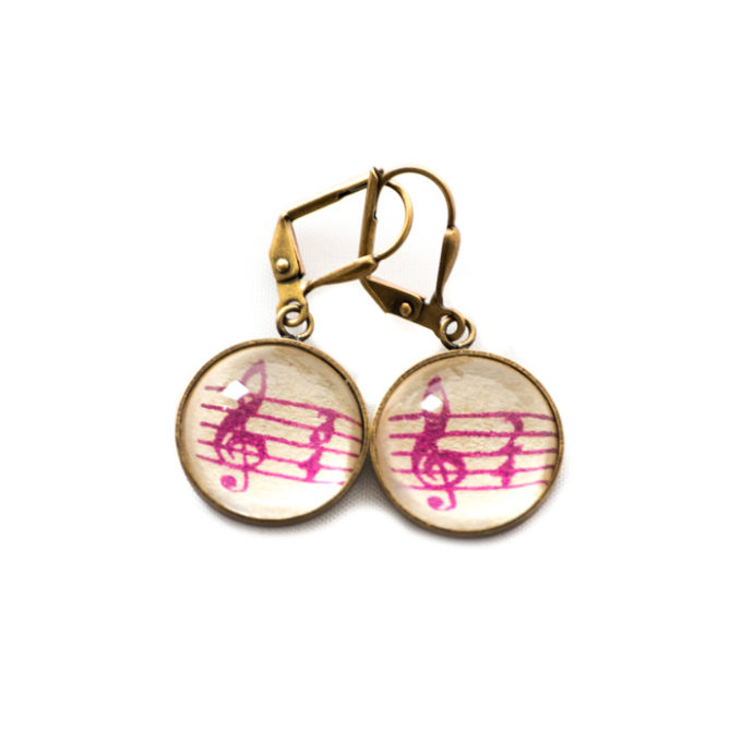 Boucles d'oreilles dorées Partitions Clé Sol 3/4 violet