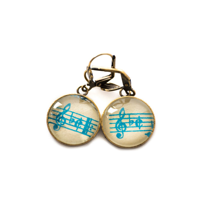 Boucles d'oreilles dorées Partitions Clés Sol Bémol 2/2 turquoise