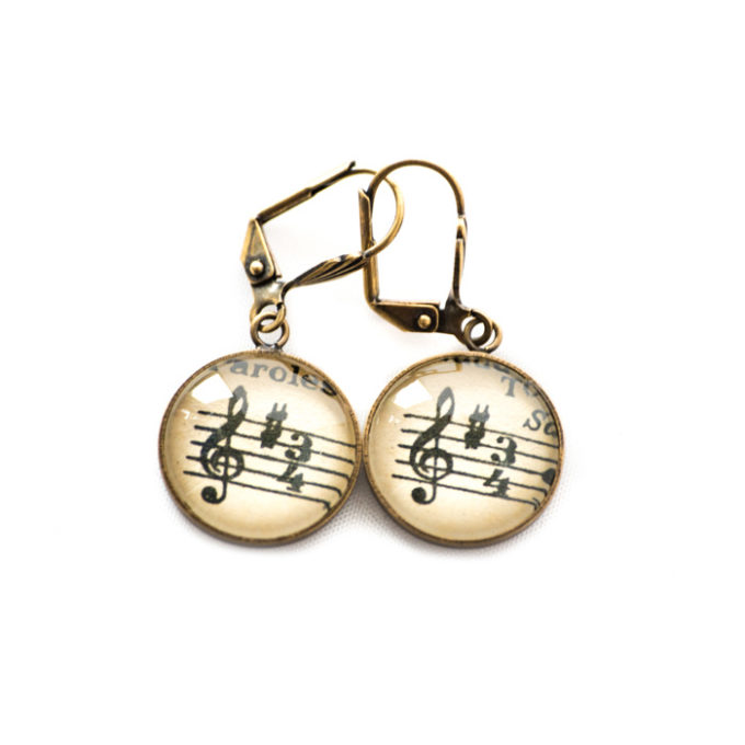 Boucles d'oreilles dorées Partitions Clé Sol Dièse 3/4 noir
