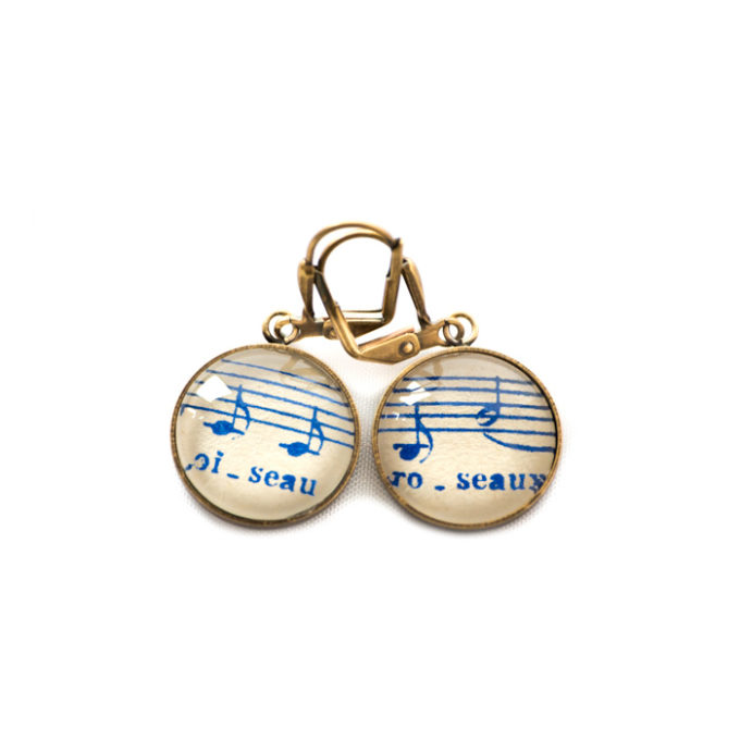 Boucles d'oreilles dorées Partitions Notes bleues Oiseau