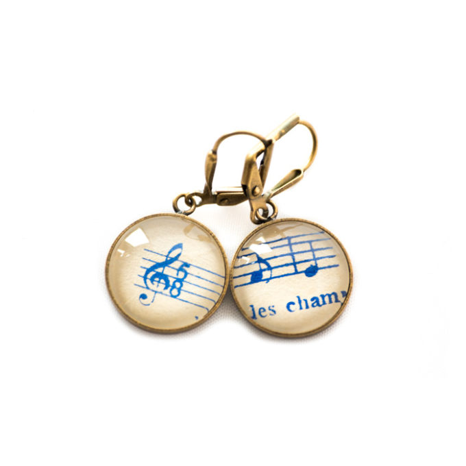 Boucles d'oreilles dorées Partitions Notes Clé Sol bleues Champs