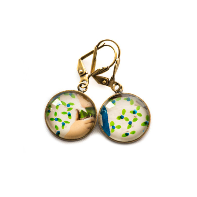 Boucles d'oreilles dorées carte postale Robe Motif Bleu Vert