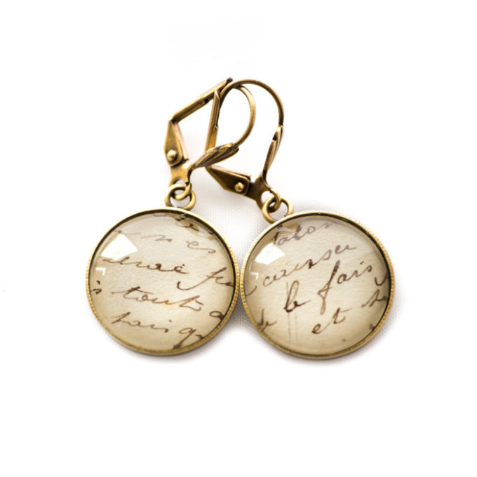 Boucles d'oreilles dorées carte postale Ecriture Vintage