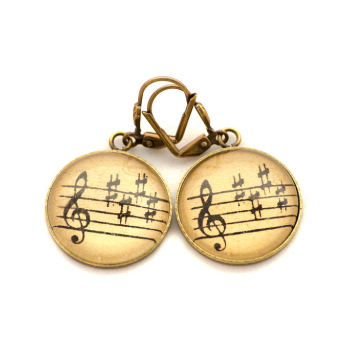 Boucles d'oreilles dorées Partitions Clé noire sépia